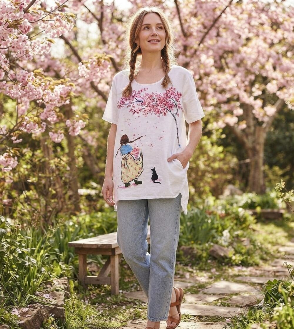 Whimsical Cottagecore Embroidered Cherry Blossom Cat Pocket Tee Top L